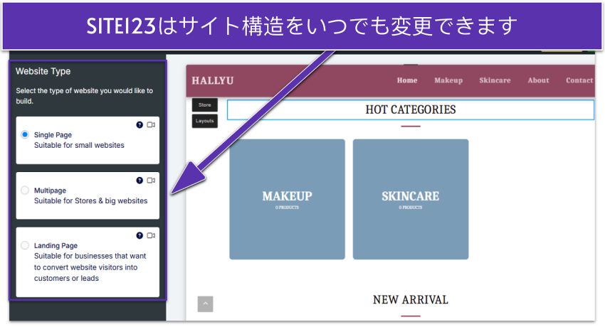 SITE123 editor showing website type settings