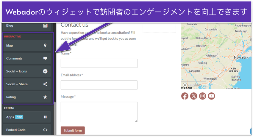 Webador editor showing a contact page with interactive widgets highlighted