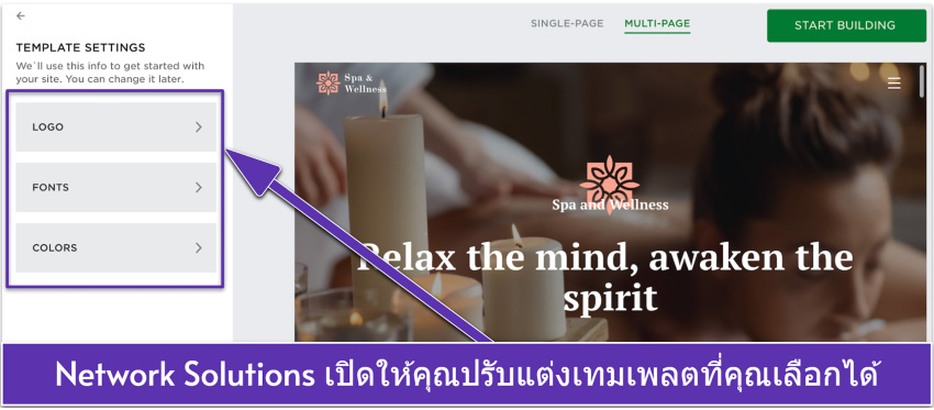 Network Solutions' UI showing a template's customization settings
