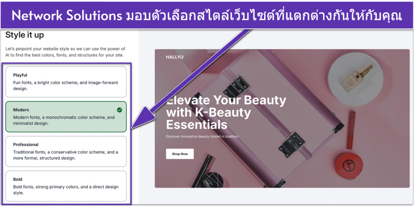 Network Solutions' UI showing different types of website styles