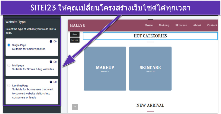 SITE123 editor showing website type settings