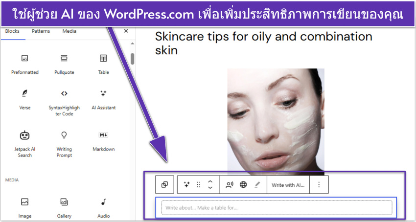 WordPress.com blog post UI showing content blocks with AI Assistant block selected