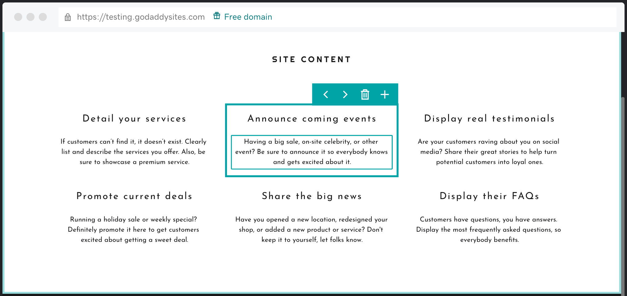GoDaddy content layout prompts