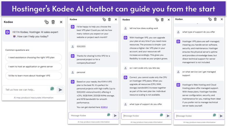 Hostinger AI chatbot interaction.