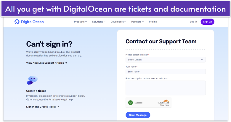 DigitalOcean ticket support form.