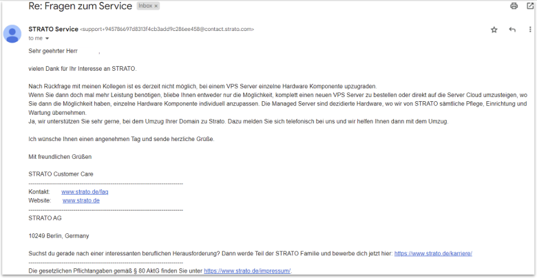 STRATO hosting service ticket support response in German.