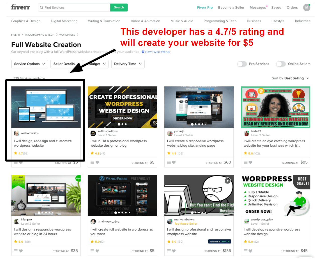 Low-cost web developers on Fiverr