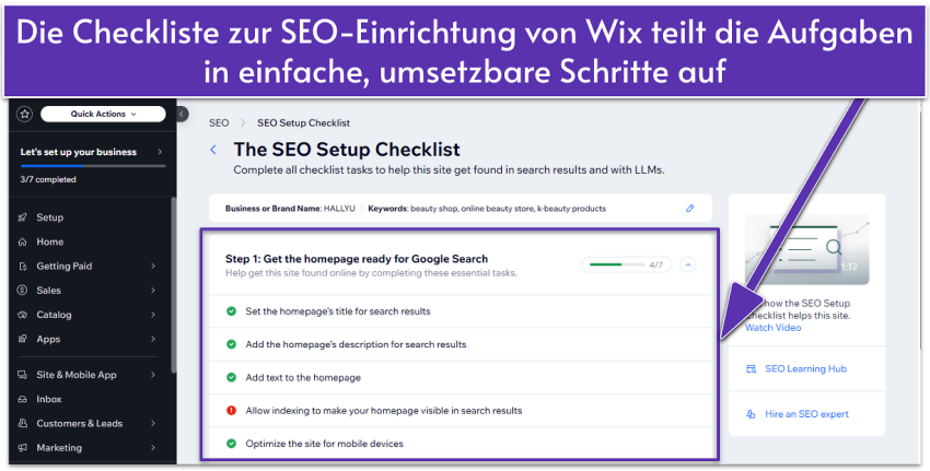 Wix dashboard showing SEO Setup Checklist with checklist tasks for homepage optimization