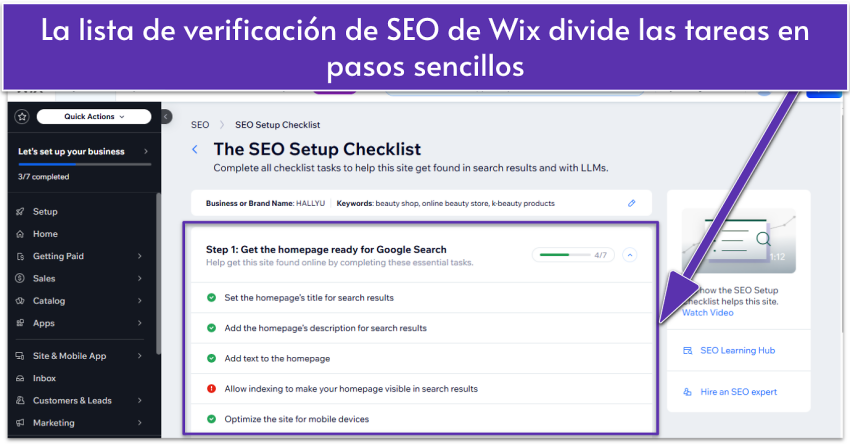 Wix dashboard showing SEO Setup Checklist with checklist tasks for homepage optimization