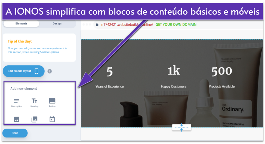 IONOS design editor showing section elements