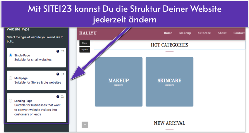 SITE123 editor showing website type settings