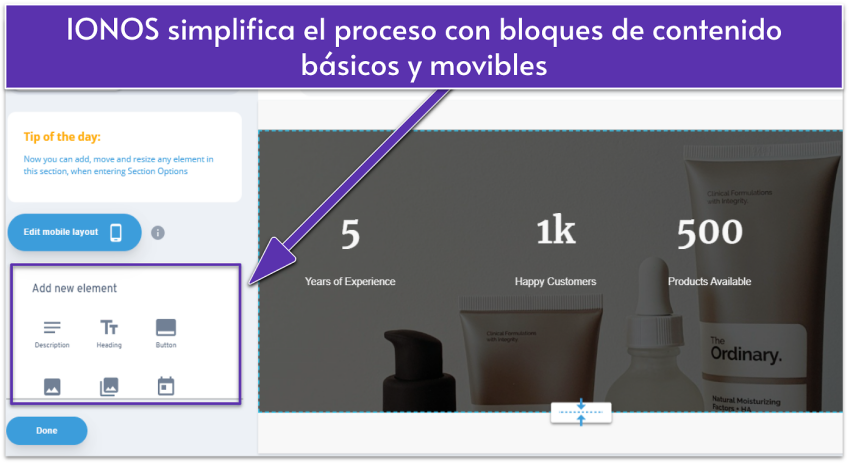 IONOS design editor showing section elements