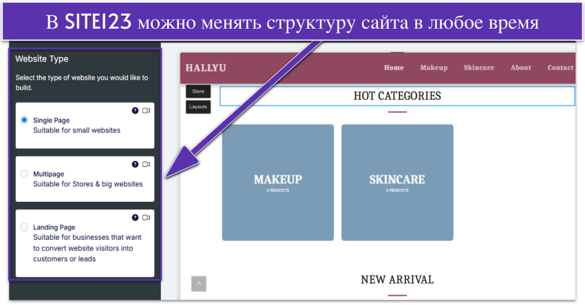 SITE123 editor showing website type settings