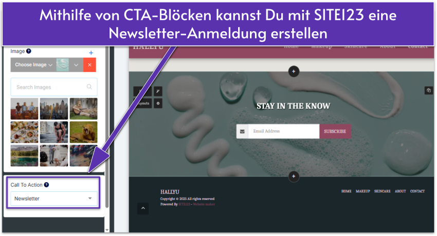 SITE123 editor showing a Promo layout with a newsletter button selected