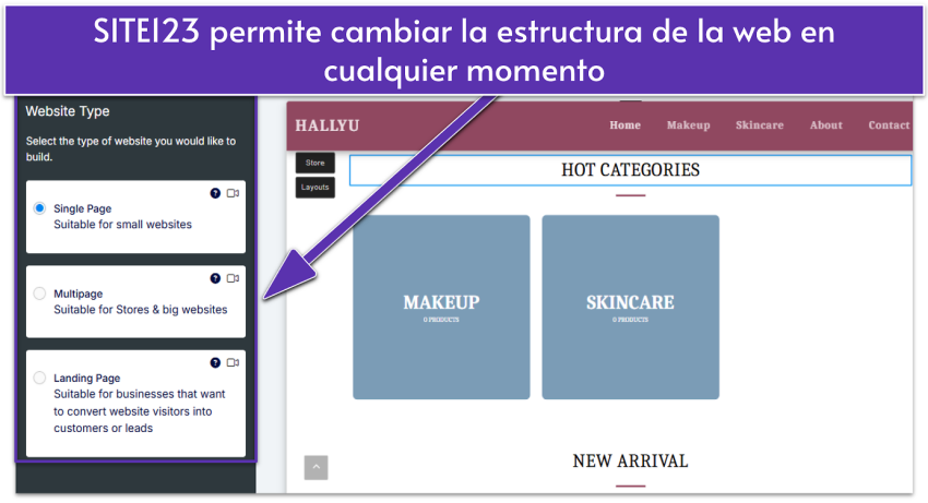 SITE123 editor showing website type settings