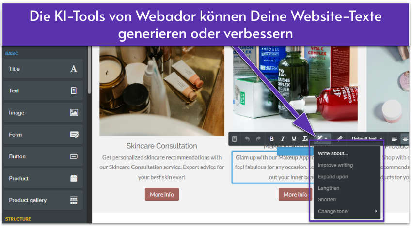 Webador editing interface showing AI writing tools