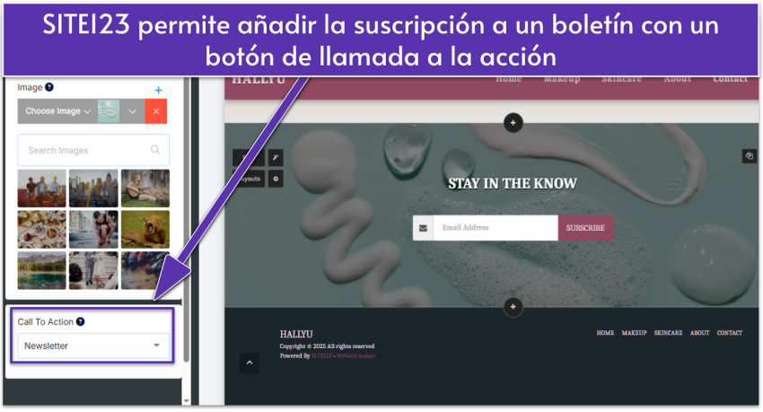 SITE123 editor showing a Promo layout with a newsletter button selected