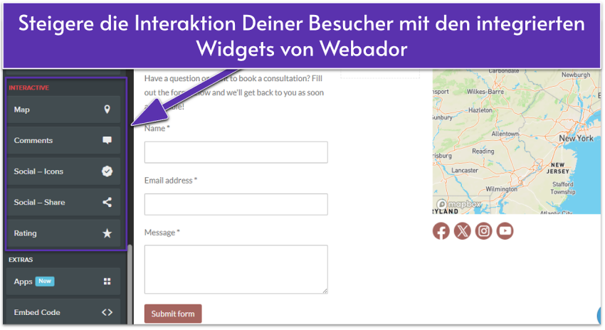 Webador editor showing a contact page with interactive widgets highlighted