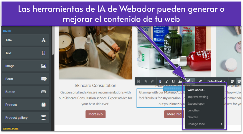 Webador editing interface showing AI writing tools
