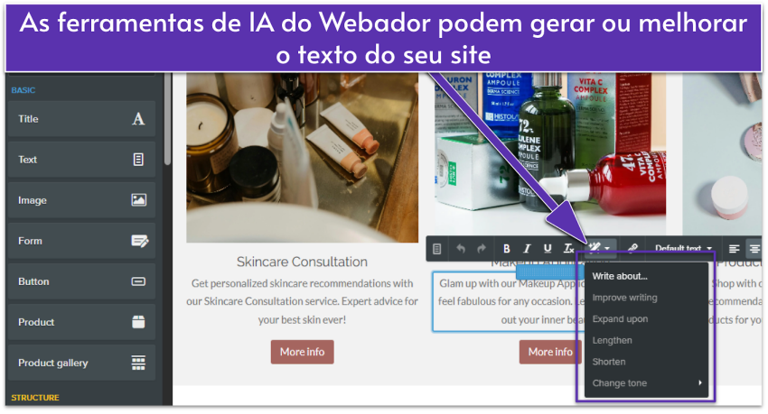 Webador editing interface showing AI writing tools