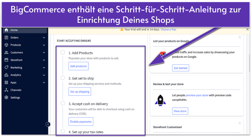 BigCommerce dashboard showing a setup checklist