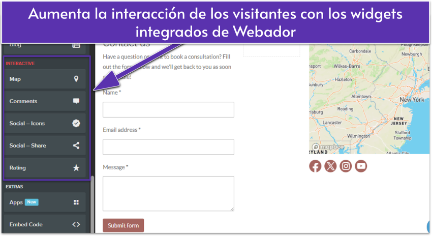 Webador editor showing a contact page with interactive widgets highlighted