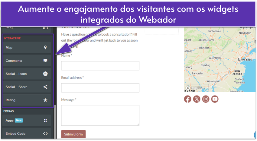 Webador editor showing a contact page with interactive widgets highlighted