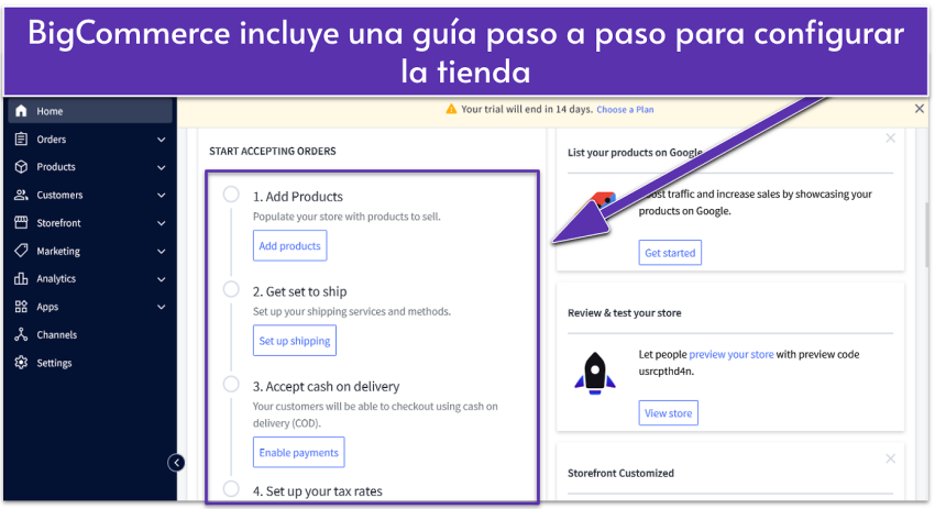 BigCommerce dashboard showing a setup checklist