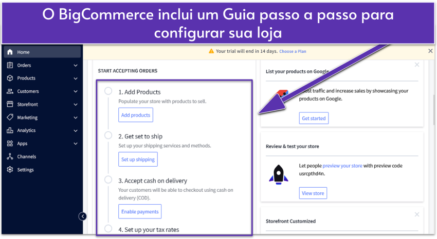 BigCommerce dashboard showing a setup checklist