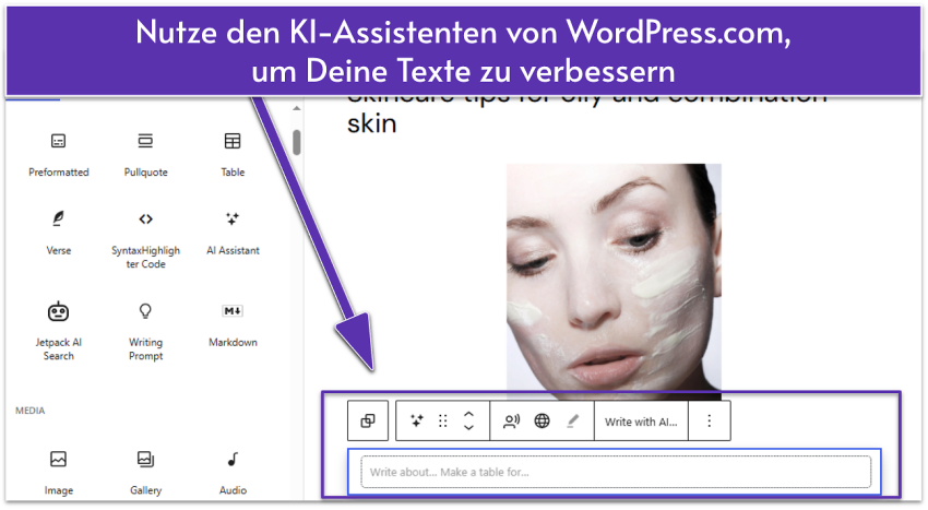 WordPress.com blog post UI showing content blocks with AI Assistant block selected