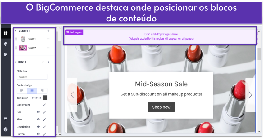 BigCommerce page builder showing homepage and site elements