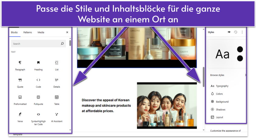 WordPress.com Site Editor with content blocks and Style settings opened