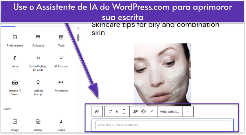 WordPress.com blog post UI showing content blocks with AI Assistant block selected