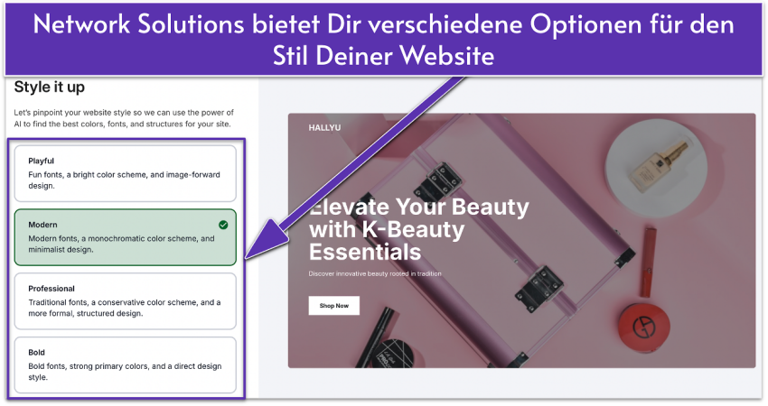 Network Solutions' UI showing different types of website styles