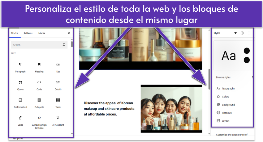 WordPress.com Site Editor with content blocks and Style settings opened