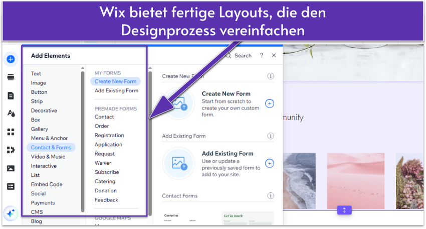 Wix editor showing a selection of site elements, focusing on contact form options