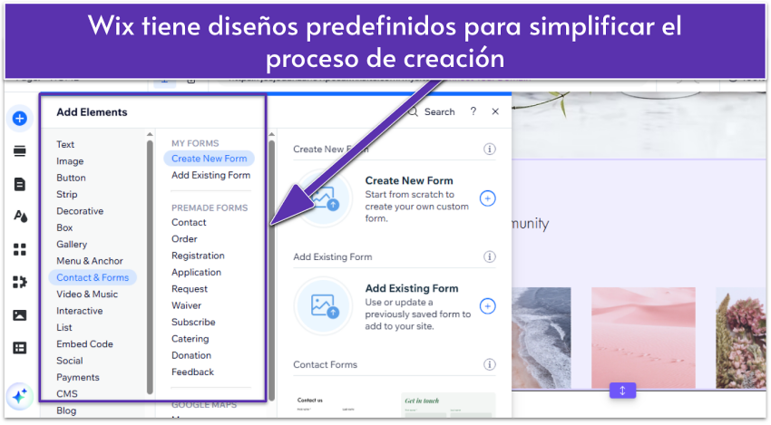 Wix editor showing a selection of site elements, focusing on contact form options