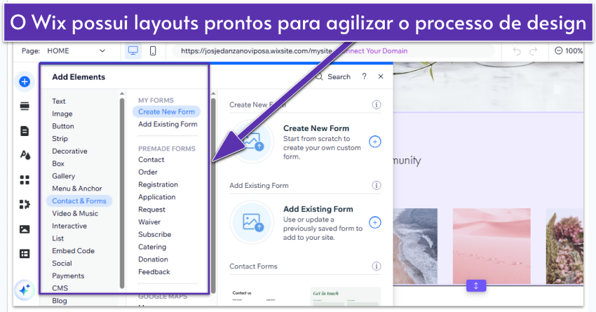Wix editor showing a selection of site elements, focusing on contact form options