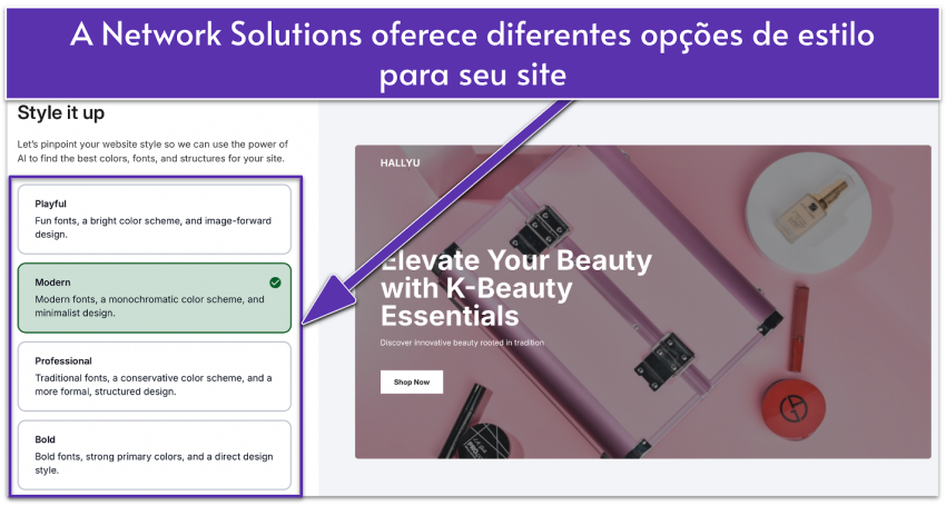 Network Solutions' UI showing different types of website styles