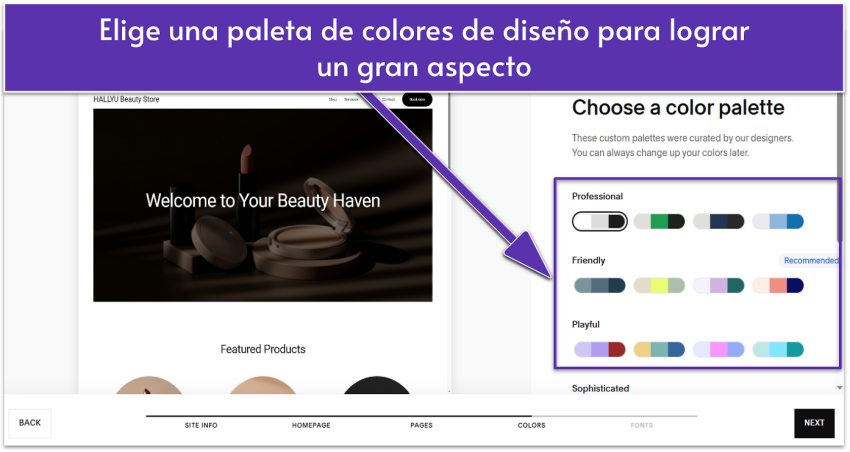 Squarespace Blueprint AI UI showing site color palettes