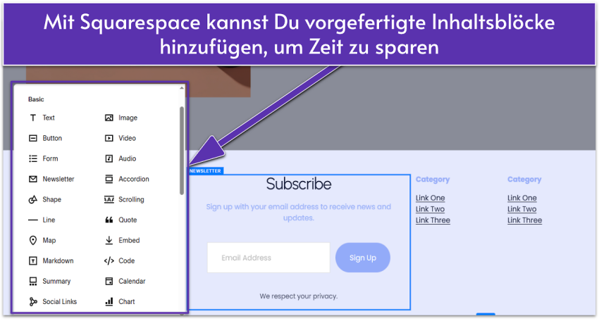 Squarespace editor showing a selection of basic content blocks
