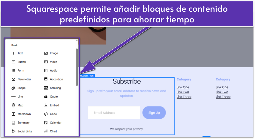 Squarespace editor showing a selection of basic content blocks