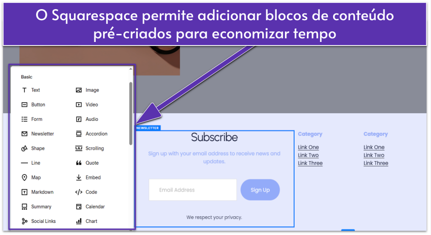 Squarespace editor showing a selection of basic content blocks