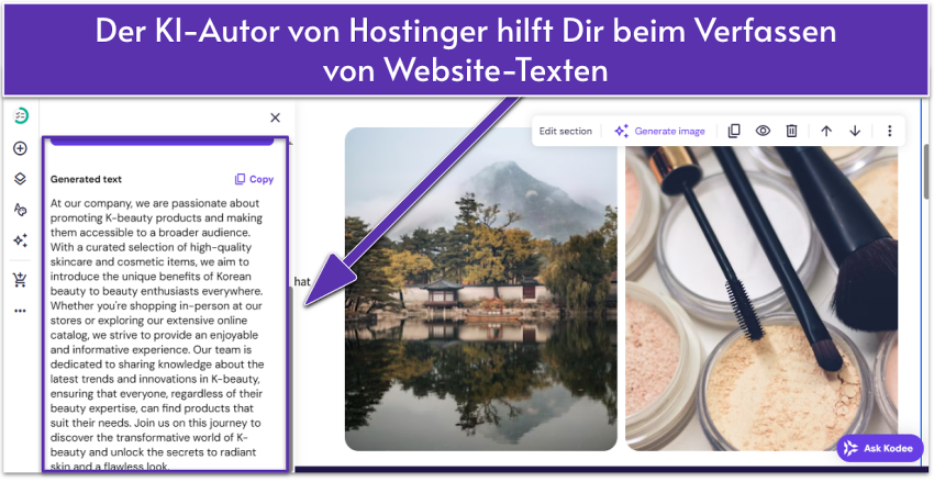 Hostinger AI builder UI showing website's About page with text highlighted