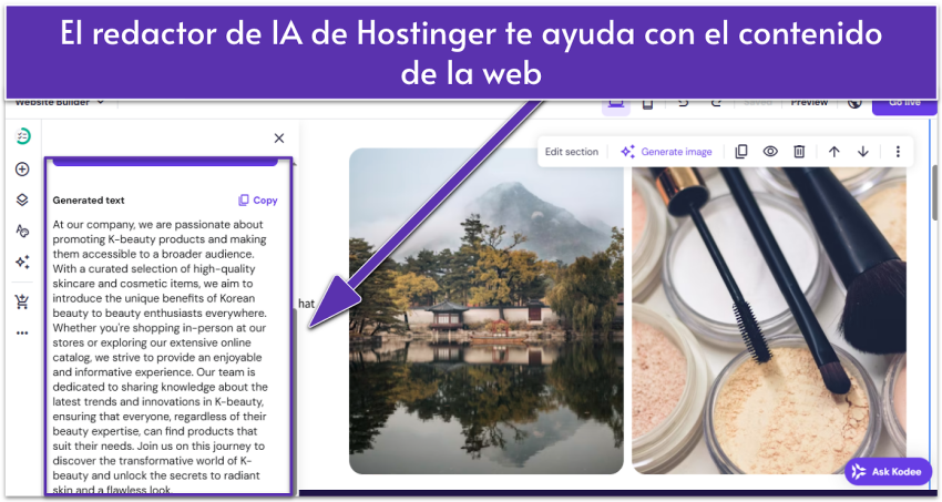 Hostinger AI builder UI showing website's About page with text highlighted