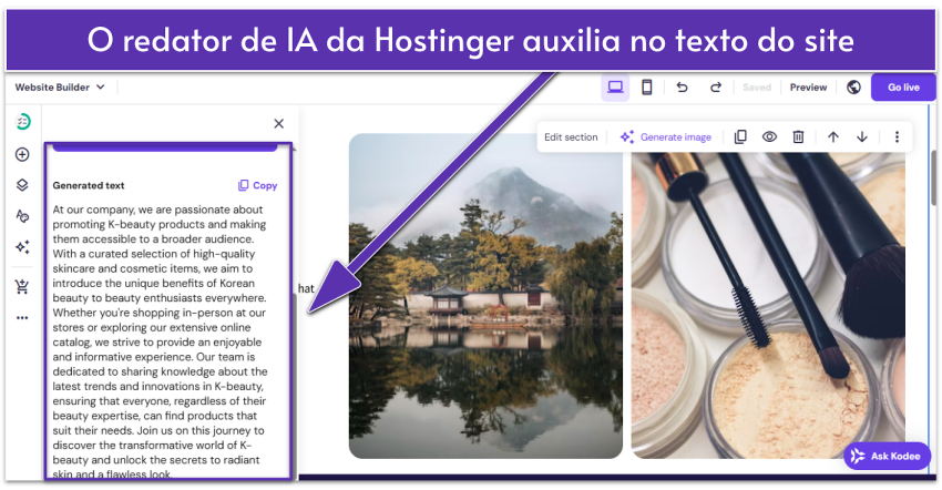 Hostinger AI builder UI showing website's About page with text highlighted