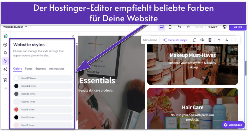 Hostinger AI builder UI showing the most used site colors
