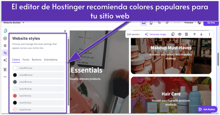 Hostinger AI builder UI showing the most used site colors