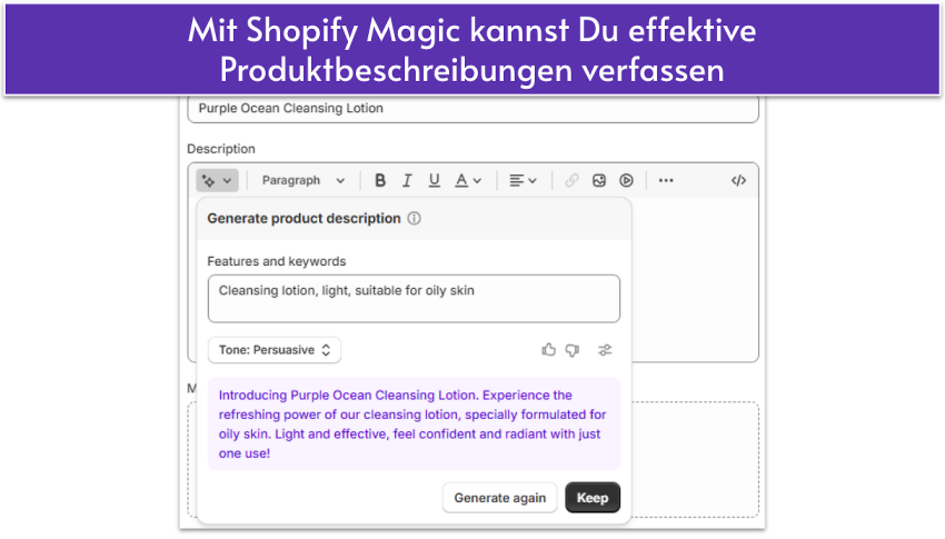 Shopify Magic UI showing AI-generated product description