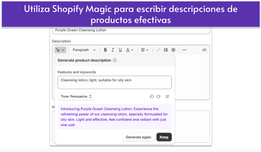 Shopify Magic UI showing AI-generated product description